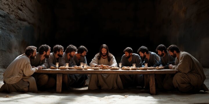 Jesus is sharing bread and wine with his disciples during the Last Supper