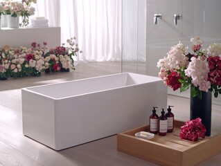 Minimalist Bathroom with White Bathtub Wooden Tray and Pink Flowers 145 characters