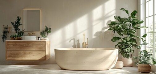 Obraz premium Minimalist Bathroom Wooden Bathtub Sunbeams Plants in Wicker Baskets Beige Walls Side View