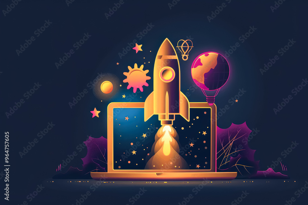 Poster a laptop computer with a rocket on it. the rocket is surrounded by stars and planets. the laptop is 