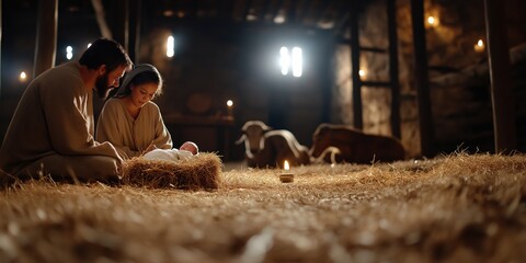 Mary is seated beside the manger with Joseph standing beside her. Baby Jesus lies peacefully in the manger, swaddled in cloth. 