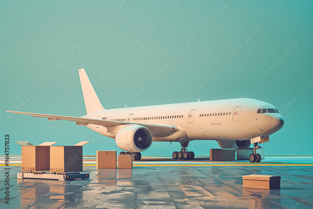 Poster a white airplane is parked in front of a row of boxes. the boxes are stacked in a row, with some of 