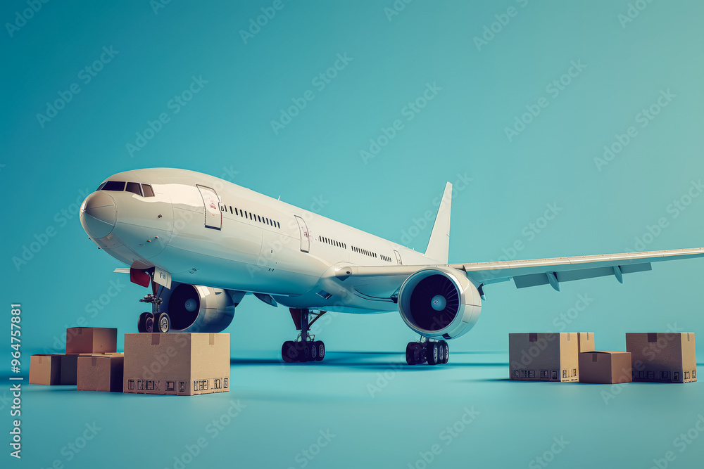 Poster a white airplane is parked in front of a row of boxes. the boxes are stacked in a row, with some of 