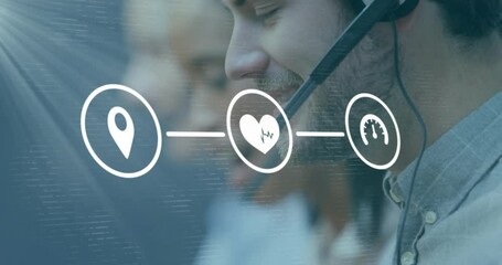 Animation of network of icons over diverse business people with phone headsets - Powered by Adobe