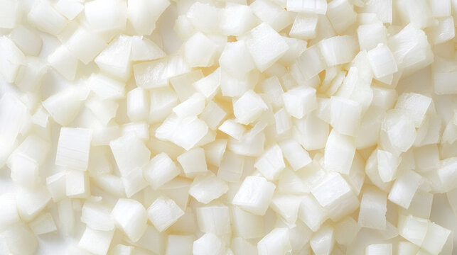 Close-up view of chopped onion pieces against a white backdrop. The image is taken from directly above.