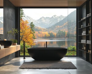 Modern Minimalist Bathroom with Autumn Mountain View Black Tub Greenery Against a Panoramic Window