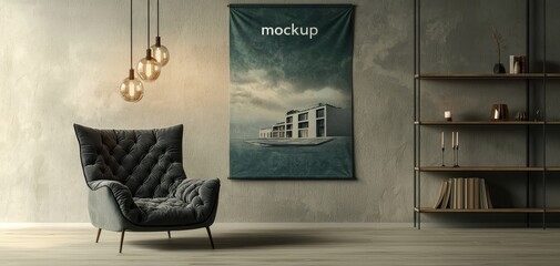 Modern Minimalist Living Room Mockup A Velvet Chair Wooden Shelves and a Cloudy Canvas with a Building Silhouette