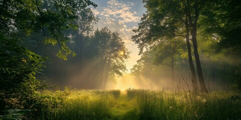 Fototapeta premium Sunbeams filtering through the forest's trees, casting light on the greenery and creating a magical morning scene.