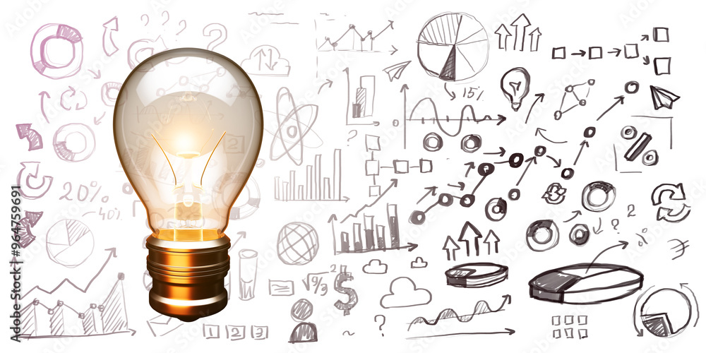 Poster close up of glowing lamp on white concrete wall background with business sketch. idea, energy, inspi