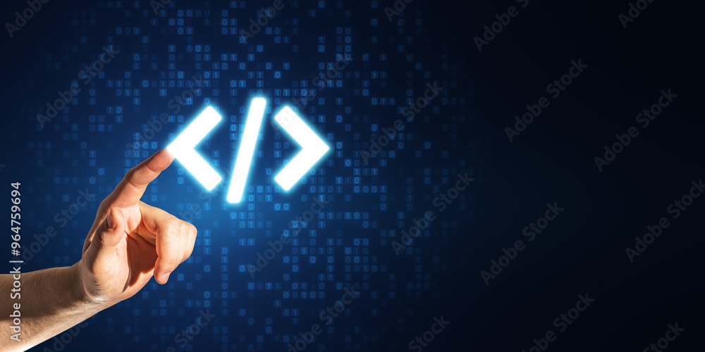 Poster Close up of businessman hand pointing at glowing programming code on blue binary coding background with mock up place. Program and software development concept.