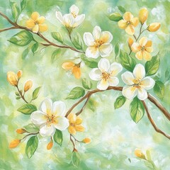 Obraz premium Watercolor Blossom Branch, White Flowers, Yellow Buds, Green Leaves, Spring, Nature, Flowers
