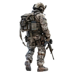 Obraz premium Army Soldiers standing position with rifle on a white isolated background.