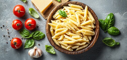 Overhead View of Penne Pasta with Tomatoes and Basil on a Rustic Background