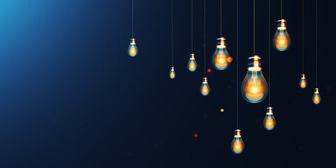 Obraz premium Creative glowing lamps on dark blue background with mock up place. Idea, energy, inspiration and innovation concept. 3D Rendering.