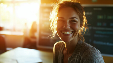 Smiling teacher writes lessons on a chalkboard in a sunlit classroom, creating an uplifting learning environment for students