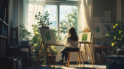 Young student artist sketching plants in a serene classroom filled with natural light during a creative session