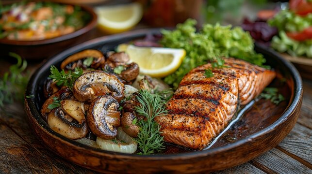 CloseUp Savory Grilled Salmon and Mushrooms in Rustic Wooden Bowl with Lemon and Herbs