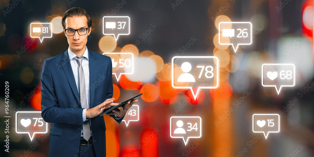 Aufkleber attractive happy young european businessman using tablet with creative social media icons on blurry 