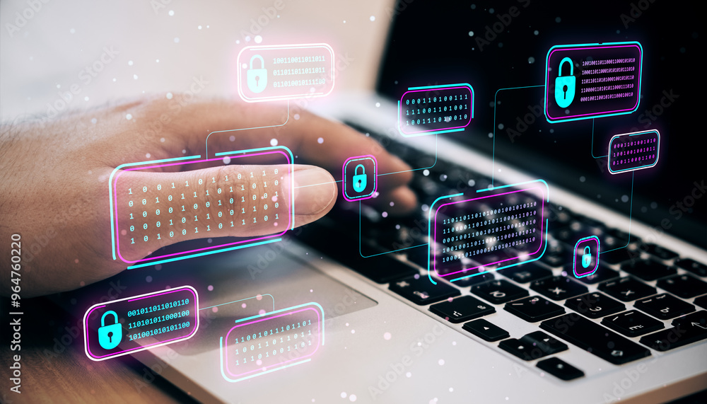 Poster Close up of man hands using notebook keyboard with creative encrypted code hologram on blurry background. Blockchain network and technology concept. Double exposure.