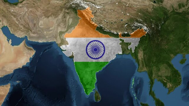 Zoom from Earth to India. (Country Flag) World map animation with highlighted borders of countries. Images from NASA