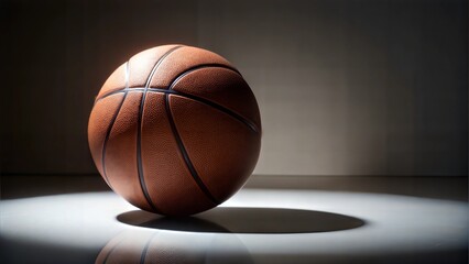Obraz premium Close-up of a basketball illuminated with dramatic lighting on a reflective surface