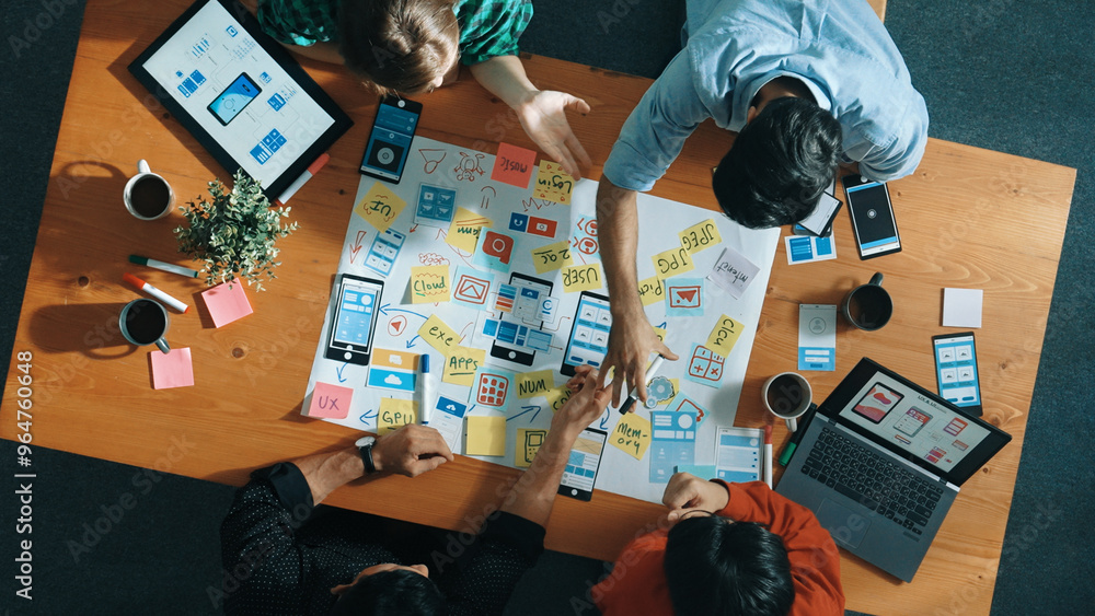 Poster professional developer team sharing idea of ux ui design by using mind map. top down view of group o