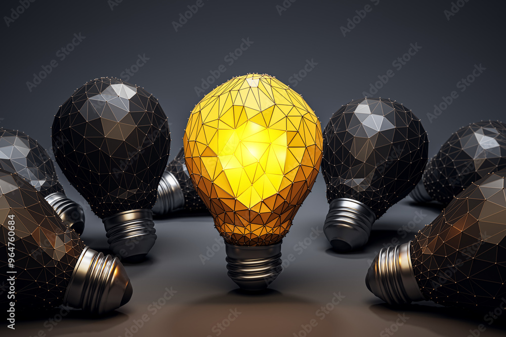 Poster creative illuminated triangular polygonal lamps on black background. idea, innovation and inspiratio