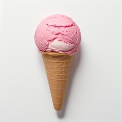 Pink soft serve ice cream in a cone on white background..