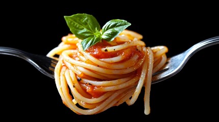 Forkful of Spaghetti with Red Sauce Basil Closeup Isolated Delicious