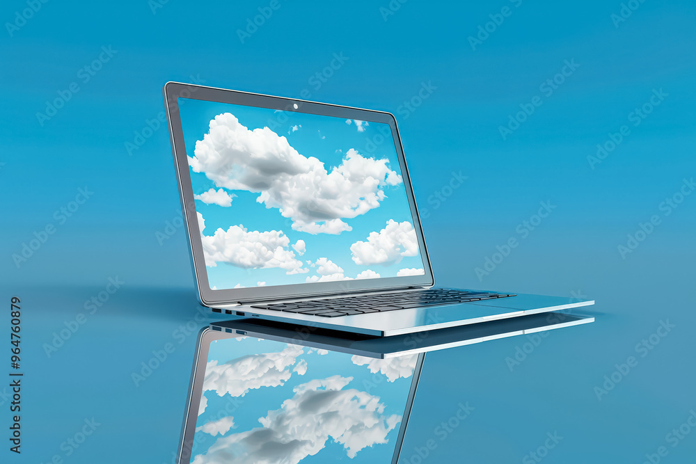 Poster a laptop is displayed with a blue sky and clouds in the background. the laptop screen is open to a p