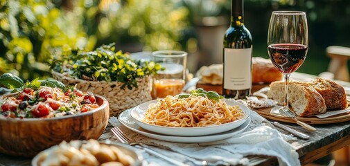 Summer Garden Feast Closeup of Pasta Wine and Bread on a Rustic Table with a Bokeh Background