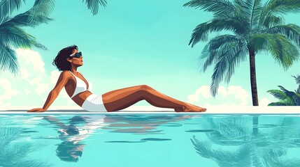 Woman in White Swimwear: A woman in a white swimsuit, lounging by the pool with palm trees and clear skies in the background.
