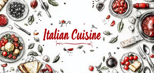 HandDrawn Italian Cuisine A Sketchy Feast of Red Tomatoes Basil and Garlic on White Background