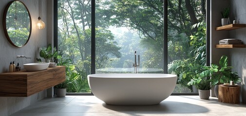 Jungle Retreat Freestanding bathtub in a modern bathroom bathed in natural light framed by lush greenery and a large window