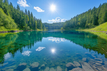 Fototapeta premium beautiful clean transparent turquoise lake with a small sandy beach surrounded by a beautiful green forest, generative AI