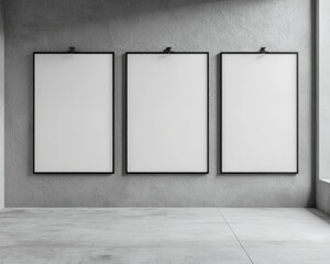 Three Blank Frames on a Concrete Wall Minimalist Interior Design Mockup with Copy Space