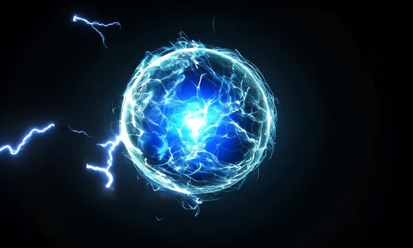 Spherical blue neon energy or plasma ball with bright electric lightning streams and glowing effects on black background, VFX