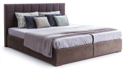 Comfortable gray bed with linens on white background