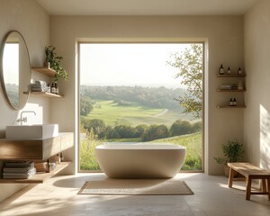 Fototapeta premium Minimalist Bathroom with Freestanding Tub Rolling Hills View Focus on Bathtub Soft Light Neutral Tones