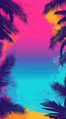 Colorful summer background with palm trees and color splashes, summer beach poster template