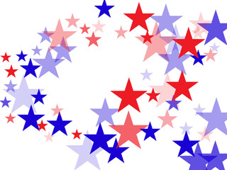 American red and blue stars confetti white background. Vertical frame, vector illustration.  