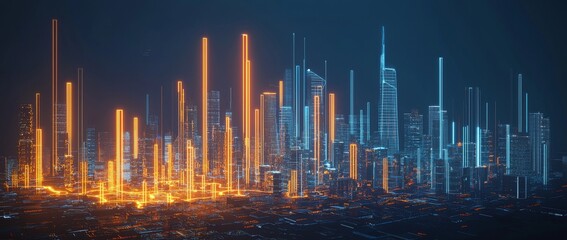 The use of regression analysis techniques in the visualization of predictive data with futuristic urban cityscape backgrounds