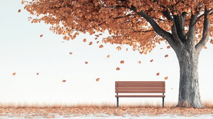 A tranquil autumn scene featuring a wooden bench under a large tree with orange leaves gently falling.