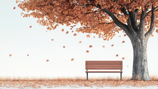 A tranquil autumn scene featuring a wooden bench under a large tree with orange leaves gently falling.