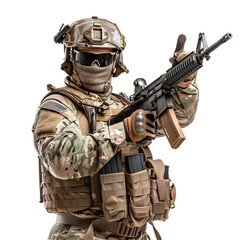 Front view Soldiers standing with rifle on a white isolated background.