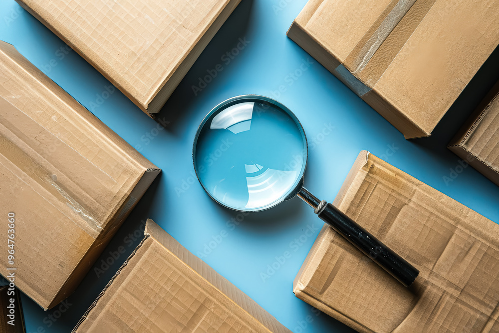 Poster a magnifying glass is placed on top of a stack of cardboard boxes. the boxes are of different sizes 