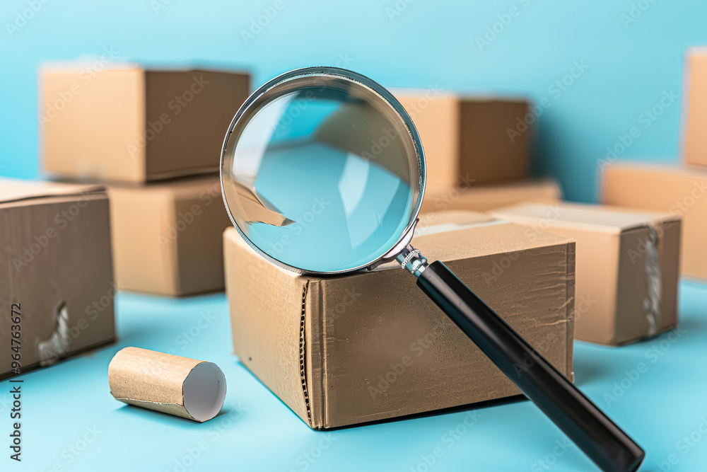 Poster a magnifying glass is placed on top of a stack of cardboard boxes. the boxes are of different sizes 