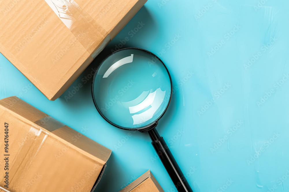 Poster a magnifying glass is placed on top of a stack of cardboard boxes. the boxes are of different sizes 