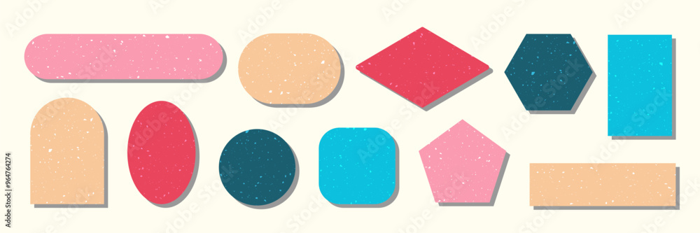 Poster set of cute colorful geometric shapes with scratched texture. empty textured frame icon sticker coll