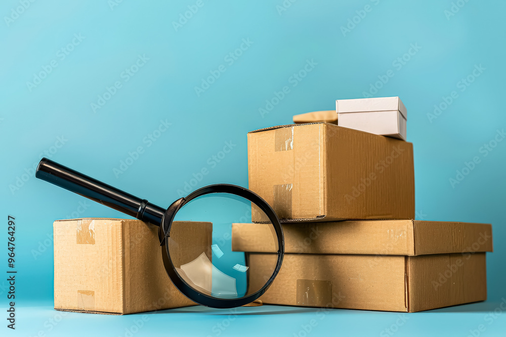 Poster a magnifying glass is placed on top of a stack of cardboard boxes. the boxes are of different sizes 